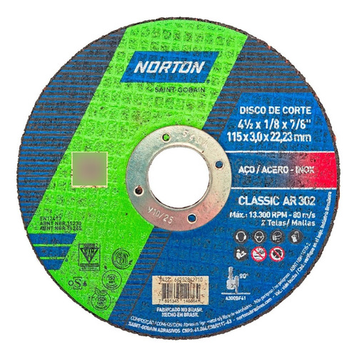 Disco Corte Ferro Norton Ar302 - 4.1/2 X1/8 X7/8  - 3,2mm