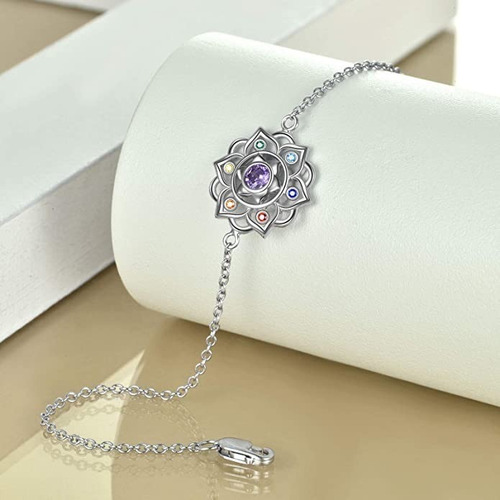 Imagen 4 de 5 de Pulsera Flor De Loto Siete Chakras Plata 925 Regalo Mujer