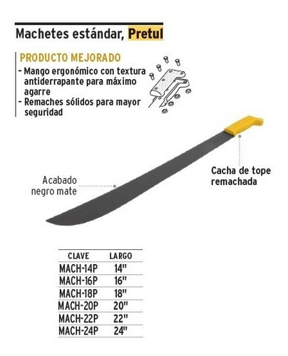 Machete De 35 Cm 14 Pulgadas Hoja En Acero Pretul Mach-14p