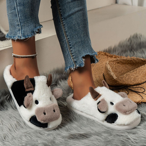 Zapatillas Unisex De Felpa Cálidas Con Forma De Vaca Con Dib