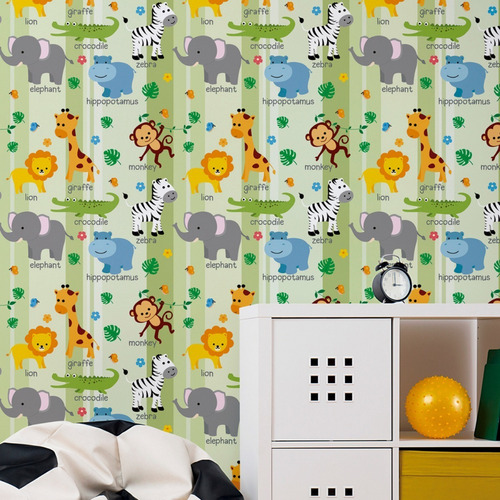 Papel Parede Safari Quarto Infantil Adesivo Verde Rolo 3 Mts