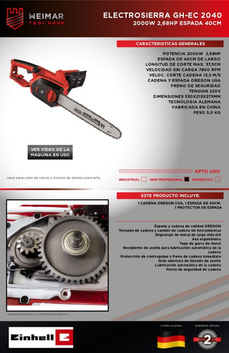 Imagen 2 de 9 de Motosierra Electrica Electrosierra Einhell 2000w Gh-ec 2040