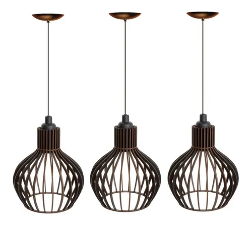 Pendente Para Edícula Kit 3pçs Iluminação Completa Em Mdf