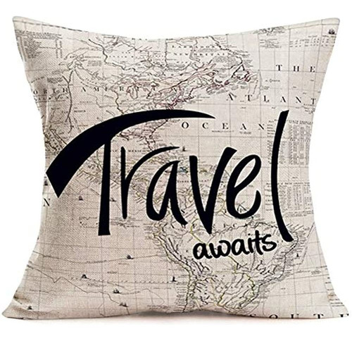 Fukeen Travel Awaits Throw Pillow Cover World Map With Quote