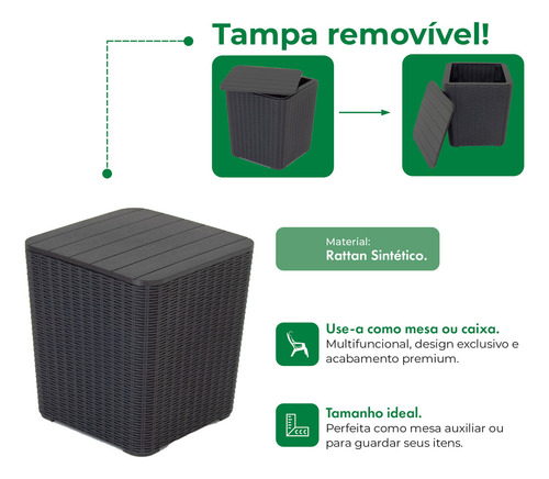 Mesa De Apoio Capri Vira Baú Rattan Jardim Cor Preto