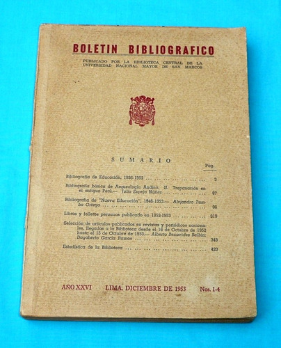 Boletín Bibliográfico Universidad San Marco 1953 Arqueología