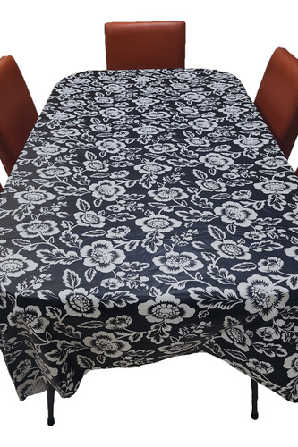 Mantel Mesa Rectangular 1.4x1.8 Impermeable Cuerina Afelpada Flores Negras