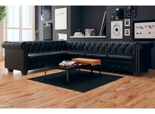 Sofá Esquinero Chesterfield De Piel Sintética Negra De 6 Color Negro