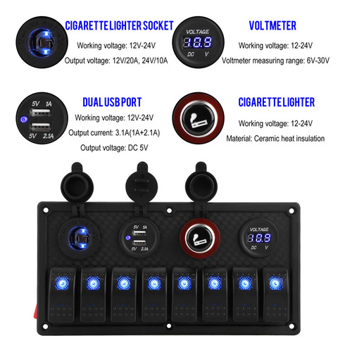 12v 24v 8 Gang Coche Barco Led Panel Interruptor Rocker Du