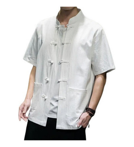 Camisa De Algodón Y Lino Camisa De Cuello Alto Para Hombre
