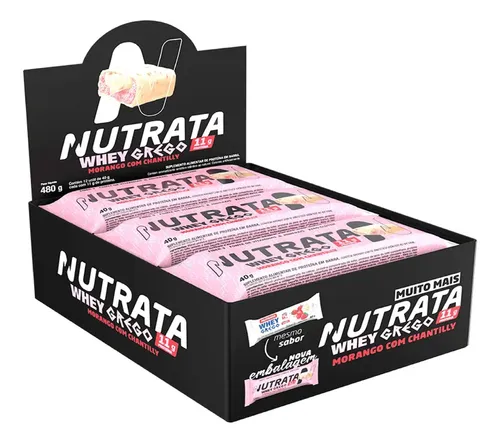 Barra Whey Grego 40g Display com 12 unidades Morango com Chantill...