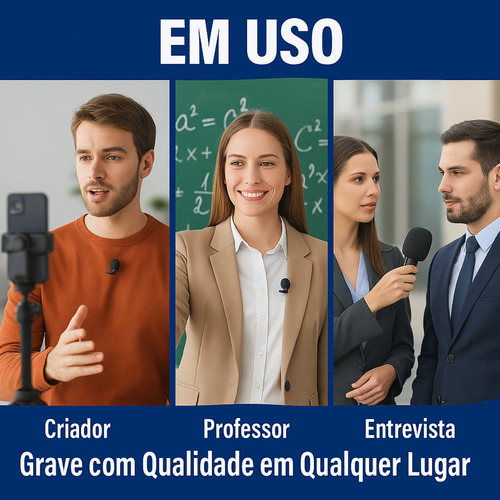 Microfone Lapela Redondo Imã Sem Fio Preto Duplo Anti Ruído