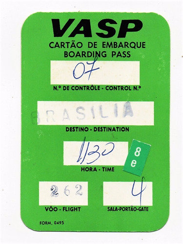 Cartão De Embarque - Vasp - Brasilia - Anos 80