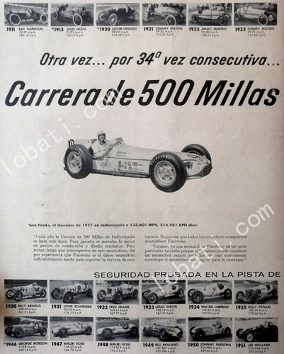 Cartel Vintage Piloto Sam Hanks 500 Millas De Indianapolis /