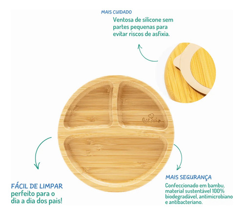 Prato Infantil Bambu Com Ventosa Divisória Redondo Petit Piá