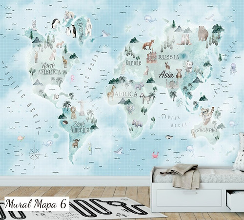 Vinilos Mural Mapa, Mapamundi Animales Deco Gigantografia