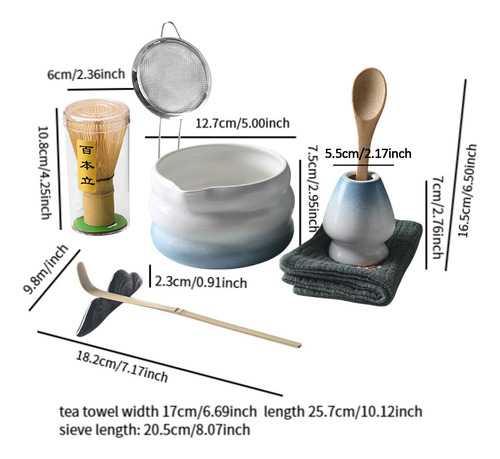 8x Japanese Matcha Set Spoon Ceramic Sifter Azul