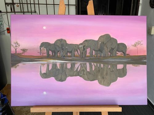 Pintura Al Óleo Elefantes 90 X 60