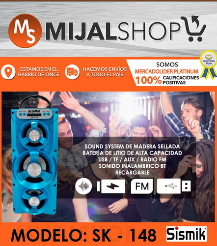 Sk-148 Sismik Sound Parlante Usb Bluetooth Inalambrico