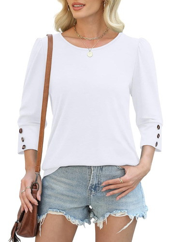 Camiseta De Manga Sete Quartos Com Gola Redonda E Botões