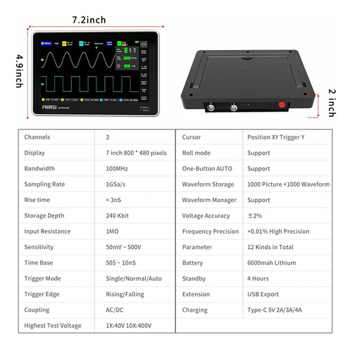Fnirsi Osciloscopio 1013d Plus 2 Canales 100 Mhz 7 Tft