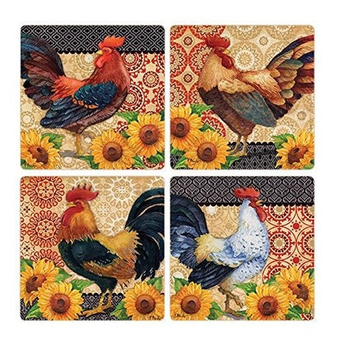 Coasterstone Roosters And Sunflowers - Posavasos Absorbentes