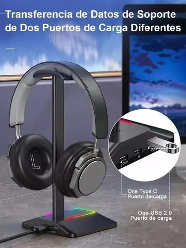 New bee Soporte para auriculares RGB con 1 puerto de carga USB-C y 1 puerto  de carga USB, soporte para auriculares de escritorio para juegos con 7