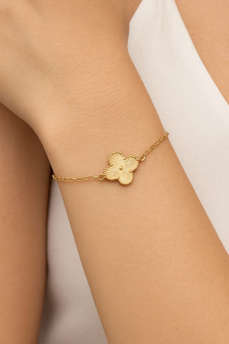 Pulseira Feminina Dourada Com Pingente Flor De Trevo 4 Folha
