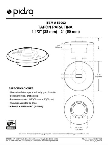 Imagen 5 de 6 de Tapon Para Tina 38 A 50mm (1.5 - 2 )