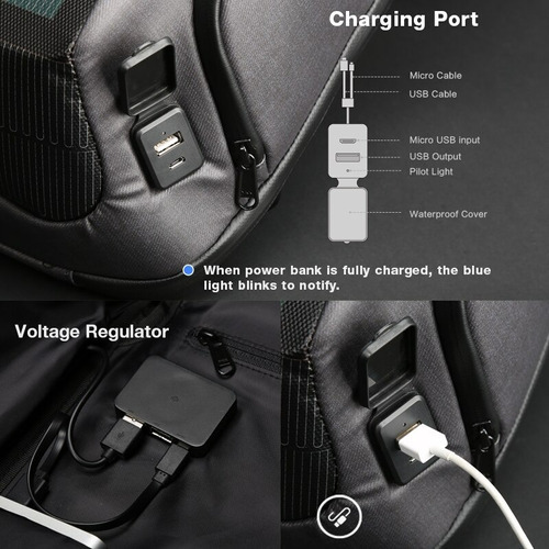 Mochila Multifuncional Notebook 15,6 Carregamento Solar Externo com Usb Material Impermeavel Cor Preto Kingsons Ks9386w