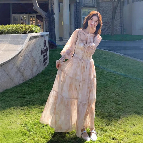 2025 Vestido Floral De Chiffon Com Decote Quadrado Francês