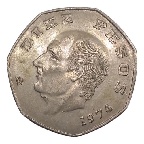 Moneda 10 Pesos Hidalgo Eptagonal Niquel Año 1974
