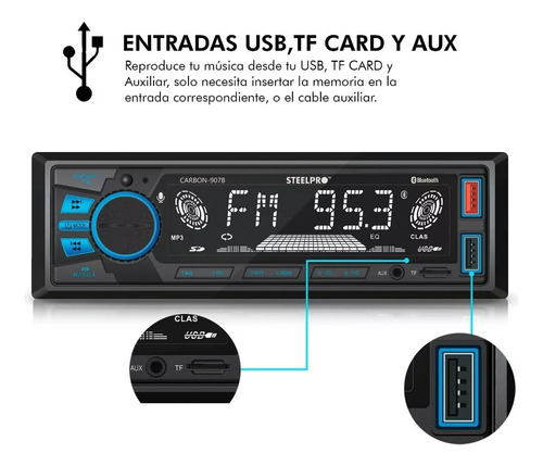 Autoestéreo para auto Steelpro Technologies Carbon 907B con USB, bluetooth y lector de tarjeta SD