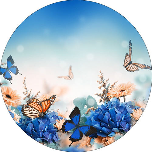 Painel De Festa 3d - Borboletas Flores Azuis - 1,50x1,50 Cor Colorido