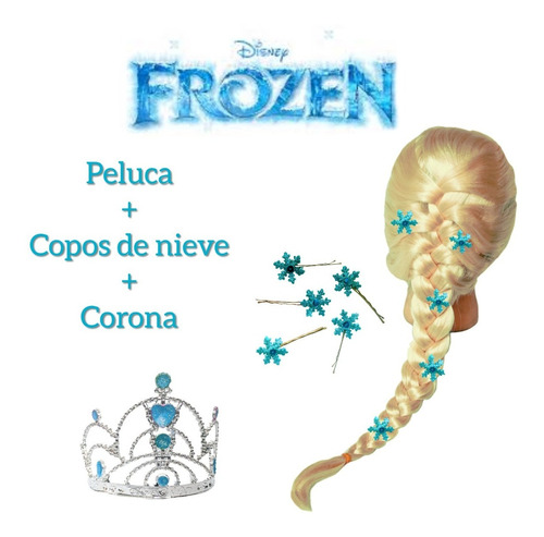 Peluca Elsa Frozen+ 10 Copos De Nieve + Corona Plateada