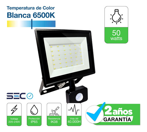 Foco Proyector Led Reflector Con Sensor 50w Ip65 Luz Blanca
