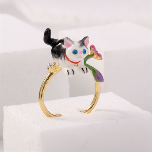 Tt Anillo De Mujer Joyería De Anillo Ajustable Gato Negro