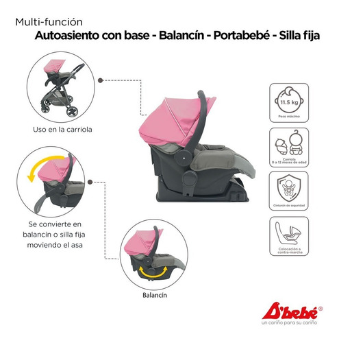 Carriola D Bebe Queen Portabebe Base Para Auto Rosa Rosa Gris Oscuro