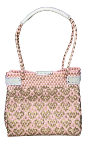 Bolsa Artesanal Toquilla Hecha A Mano Para Mujer Tote Bag Or Acabado De Los Herrajes Níquel Color Dorado Oscuro Correa De Hombro Rosa Claro Con Dorado