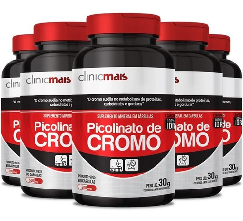 Kit Com 5 Picolinato De Cromo 500mg Chá Mais 60 Cápsulas