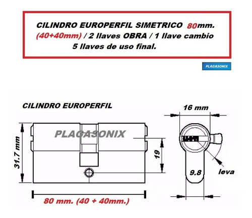 Imagen 2 de 10 de Cilindro Europerfil 80mm 40/40 Simetrico Leva Llaves Obra