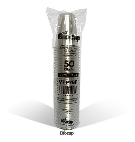 Vaso Ecolócico Pet Biocup 7oz. Reciclado, Reciclable 100%