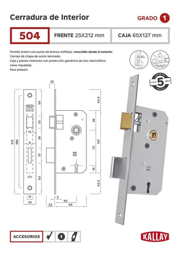 Imagen 2 de 4 de Cerradura Kallay 504 Puerta Interior Frente Acero Inoxidable