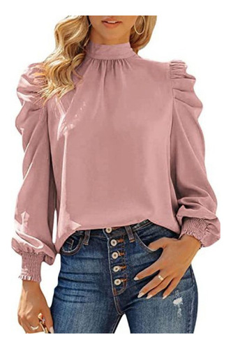 Camisa De Mujer Cuello Vuelto Manga Larga Abullonada Otoño