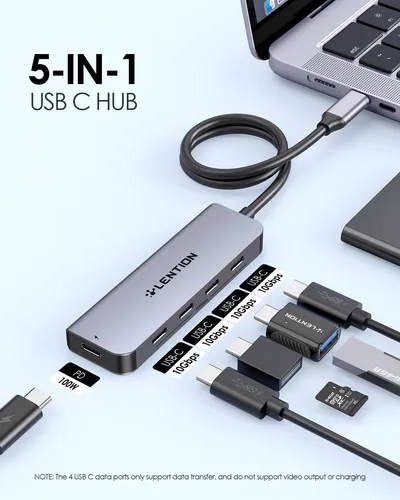 Hub Usb C 2 Pies 4 Puertos 10 Gbps Carga Pd 100 W Gris