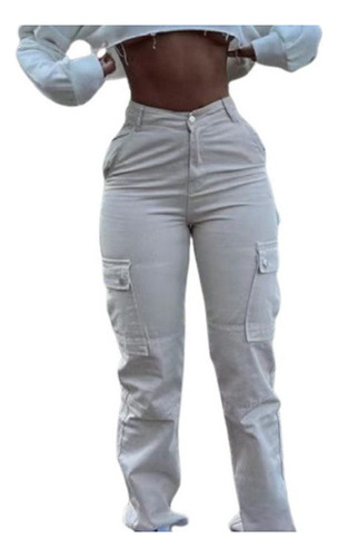Pantalón Cargo Multibolsillos Jeans Elásticos Cintura Alta