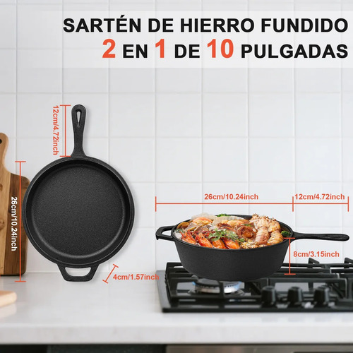 2 En 1 Olla Y Sartén Combinados De Hierro Fundido 26cm 4.7l