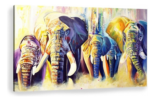 Cuadro Canvas Familia De Elefantes 1x.60 M Acuarela Colores Moderno Listo Para Colgar Materiales De Calidad No Sintetico Color Multicolor