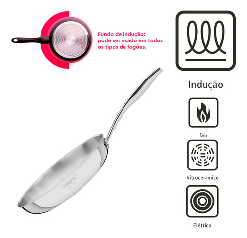 Frigideira Tramontina Grano 62155260 em Aço Inox com Corpo Triplo e Cabo 26 cm 2,2 Litros Prata