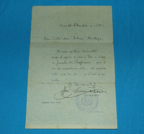 Antigua Carta Documento Colegio Guadalupe 1924 Firma Y Sello